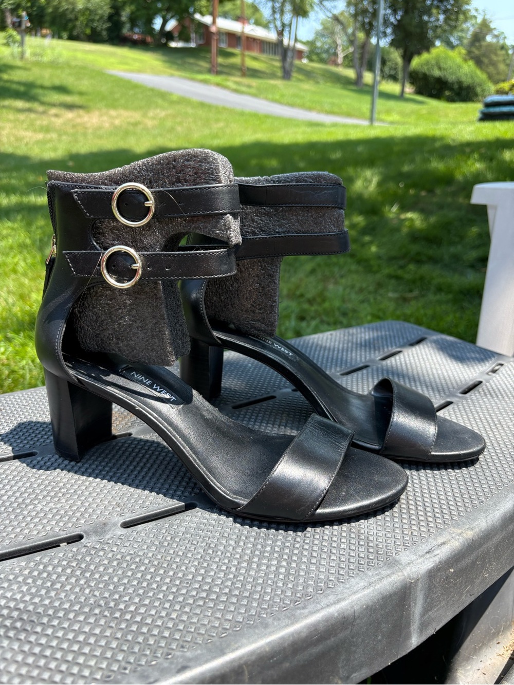 Nine West Black Double-Ankle Strap Block Heel Sandals